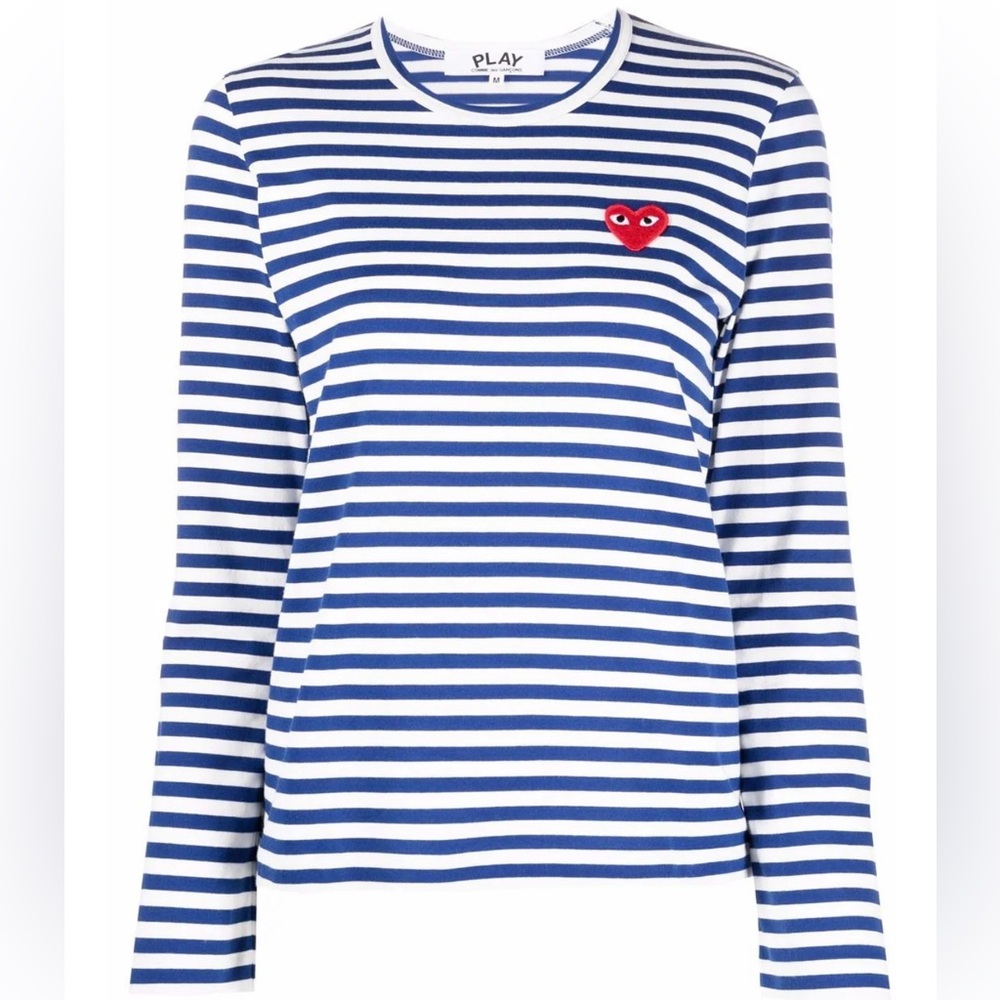 COMME DES GARÇONS PLAY , White & Blue Heart Patch Long Sleeve T-Shirt - Picture 1 of 5